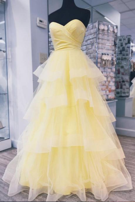 Yellow Sweetheart Tulle Long Prom Dress With Layered Graduation Gown,pl3290