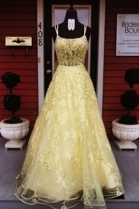 Yellow Prom Dress,lace Prom Dress,a-line Prom Dress,spaghetti Straps Prom Dress,pl3299