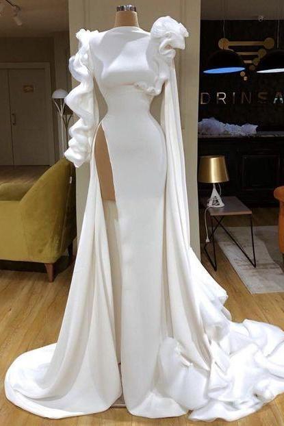 Mermaid Prom Dresses, Crew Neck Prom Dresses, Side Slit Evening Dresses, White Prom Dress ,pl3305