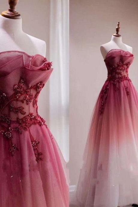 Red Gradient Prom Dress Vintage Wedding Dress Red Strapless Party Dress With Beaded Bridal Dress Red Ombre Evening Dress Aline Formal
