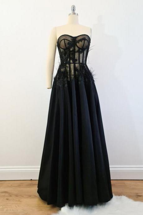 Tulle And Lace Gown. See Thru, Hand Beaded Corset Connected With Taffeta Skirt In Black. Feather Trim On The Corset,pl3333