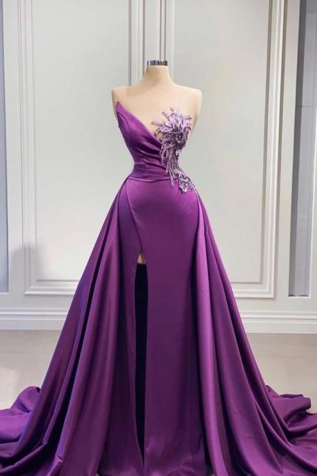 Purple Mermaid Dress With High Slit Detachable Train,wedding Reception Dress, Satin & Lace Wedding Dress, African Prom Dress, Evening