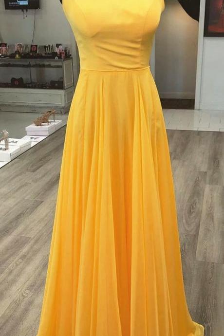 Yellow Spaghetti Straps A Line Prom Dress, Chiffon Prom Dresses, Long Evening Dress,pl3355