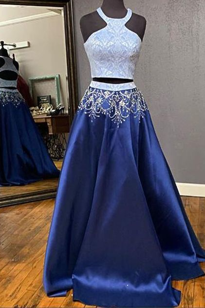 Elegant Navy Beaded Prom Dress, Two Piece Prom Dresses, Long Evening Dress,pl3356