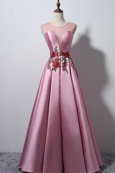 Sleeveless Pink Party Dress A Line Cap Sleeve Prom Dress,satin Evening Dress,floor Length Formal Dress,o Neckline,long Prom Dress,pl3366