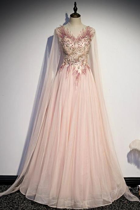 Pink Tulle Long Sleeve Appliques Beading Prom Dress,pl3369