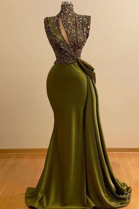Olive Green Prom Dresses With Sparkly Sequins,pl3370
