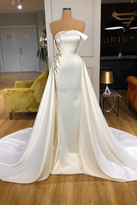 White Silk Wedding Dress, African Mermaid Wedding Dress, Satin Wedding Dress, Custom Wedding Reception Dress,pl3372