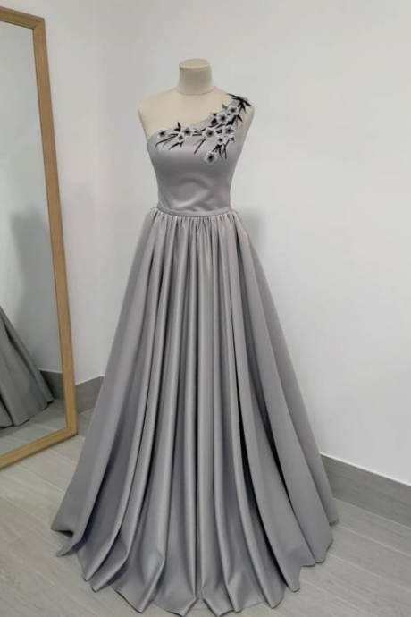 Gray Satin Long A Line Prom Dress One Shouder Evening Dress,pl3382