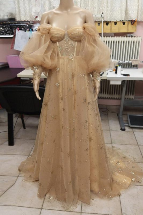 Gold Stars Prom Dresses Puff Sleeves Off Shoulder A-line Long Arabic Evening Gown Corset Celebrity Party Dress,pl3384
