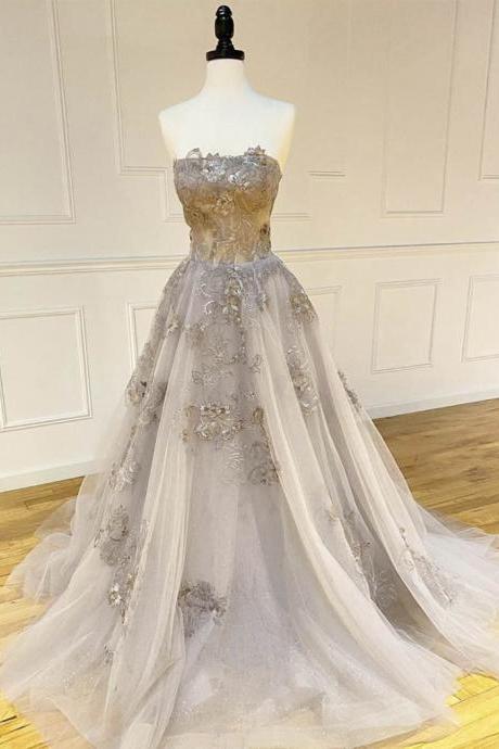 Unique Strapless Tulle Lace Prom Dress Formal Dress,pl3401