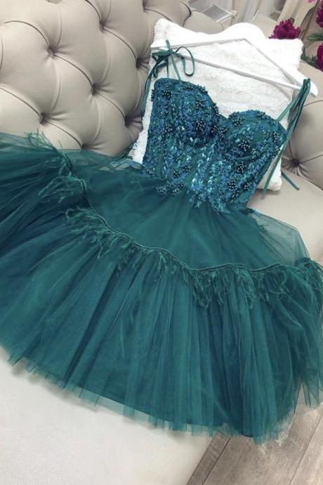 Green Tulle Lace Short Prom Dress,pl3402