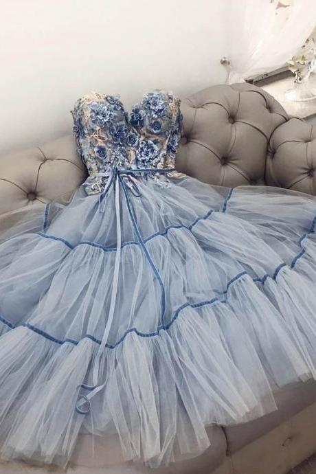 Blue Tulle Lace Short Prom Dress Hoco Dress,pl3403