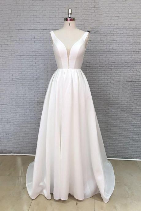 White Satin V Neck Long Customize Prom Dress,pl3407