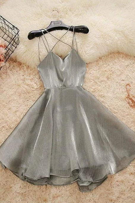 Short Gray Sleeveless V-neck Spaghetti-straps Mini Evening Dresses Party Dress Racer-back Tulle Homecoming Dress,pl3410
