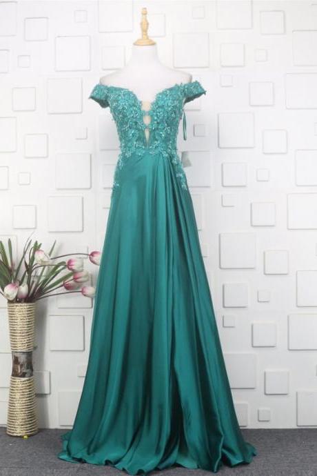 Off-shoulder Deep V Prom Dress,long Green Prom Gown,long Satin Evening Dress,lace Bridesmaid Dress,green Prom Dress,pl3425