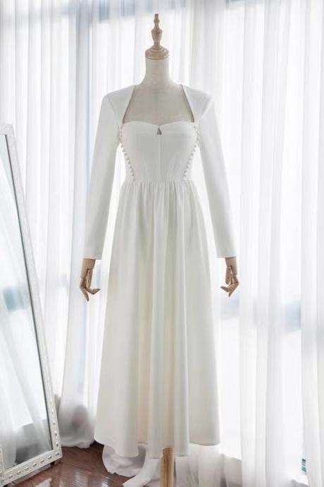 Vintage, Elegant, Hepburn Style, White Beaded Dress, Light Bridal Gown, Long Sleeved Gown, Long Evening Dress,custom Made,pl3436