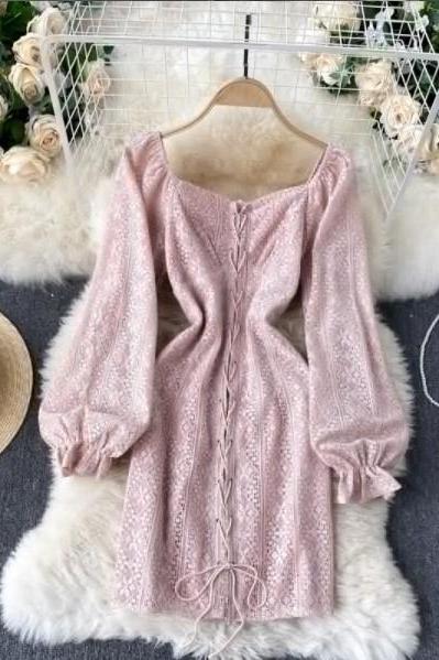 Pink Beautiful Long Sleeve Lace Bandage Dress,pl3441