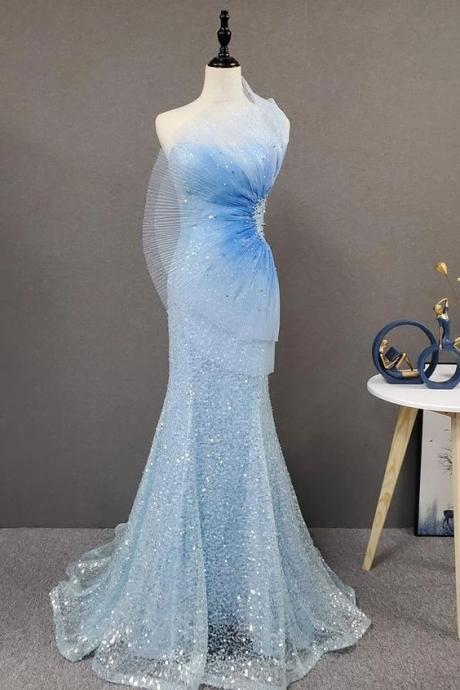 One Shoulder Frozen Elsa Dress Sparkly Light Blue Sequin Prom Dress,pl3454