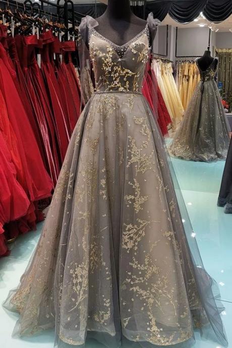 Gray Lace V Neck Long Customize A Line Formal Dress, Prom Dress,pl3469