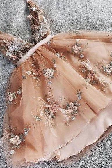 Champagne Prom Dresses 2021, Deep V Neck Prom Dress, Flowers Evening Dress, Tulle Evening Dresses, Party Dress, Sexy Formal Dresses, Evening