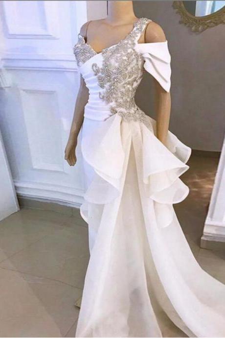Real Image White Elegant Mermaid Prom Dresses Shiny Crystal Rhinestone Long Prom Gowns Tulle Ruffles Flowing Ribbon,pl3491