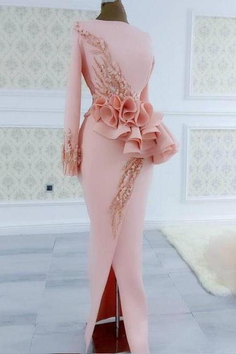 Blush Pink Aso Ebi Evening Dresses Long Sleeves Peplum Beads Appliques Pearls Side Split Mermaid Prom Dress African,pl3494