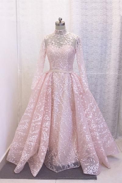 Dreamy Pink Long Sleeves Long A-line Evening Dress, Formal Bridal Dress, Prom Dress ,pl3519