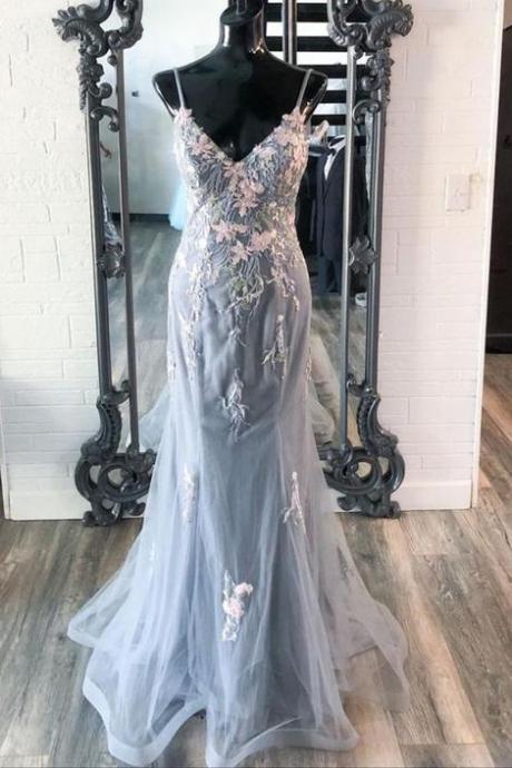Elegant Mermaid Grey Prom Dress With Embroidery,pl3539