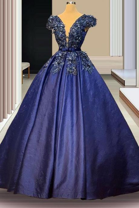 Navy Blue Appliques Prom Dresses A-line Long Crystals Evening Dresses Women Celebrity Dresses,pl3540
