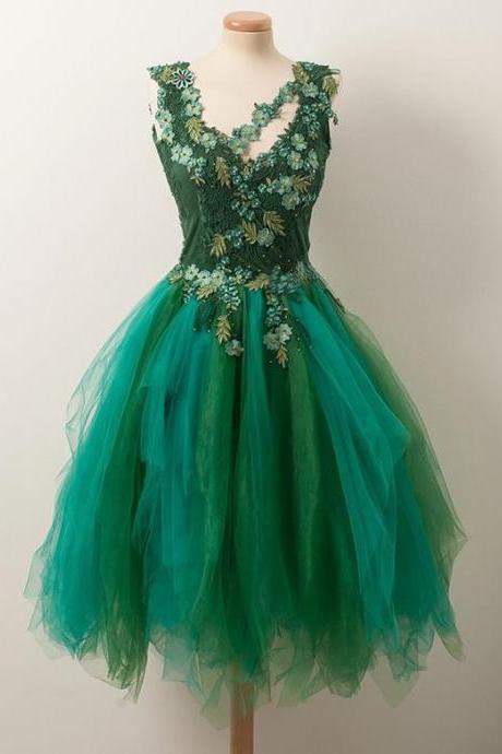 Unique A Line V Neck Short Green Tulle Homecoming Dress With Appliques Beading,pl3552
