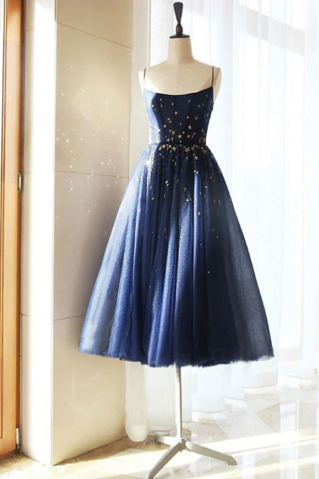 Cute A Line Spaghetti Straps Tea Length Blue Tulle Homecoming Dress.pl3553