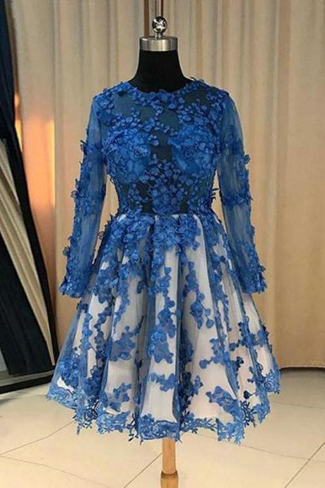 A-line Jewel Long Sleeves Short Tulle Homecoming Dress With Appliques.pl3555