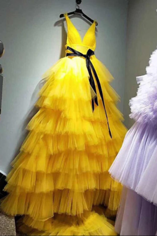 Yellow Tulle Prom Dress A Line Sleeveless Backless Prom Dresses,pl3556