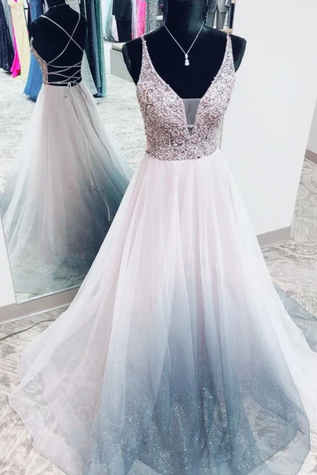 Gorgeous V Neck Criss Back Silver Beaded Long Prom Dress .pl3563