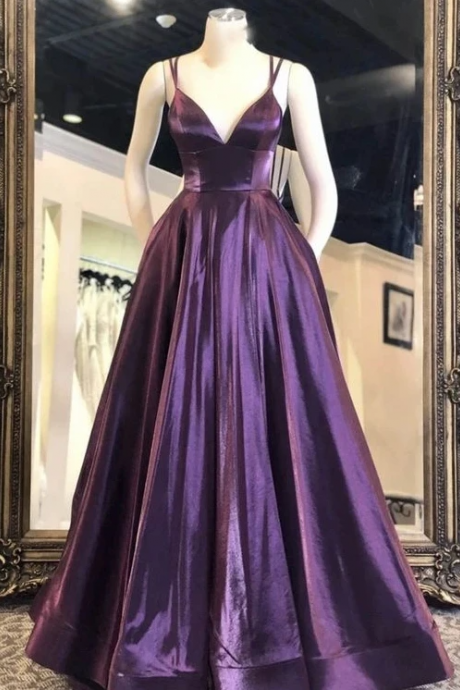 V Neck Purple Satin Long Prom Dresses, Purple Formal Graduation Evening Dresses.pl3565