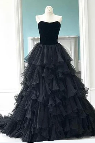 Princess Black Tulle Sweetheart Neck Long Multi-layer Evening Dress, Prom Gown.pl3566