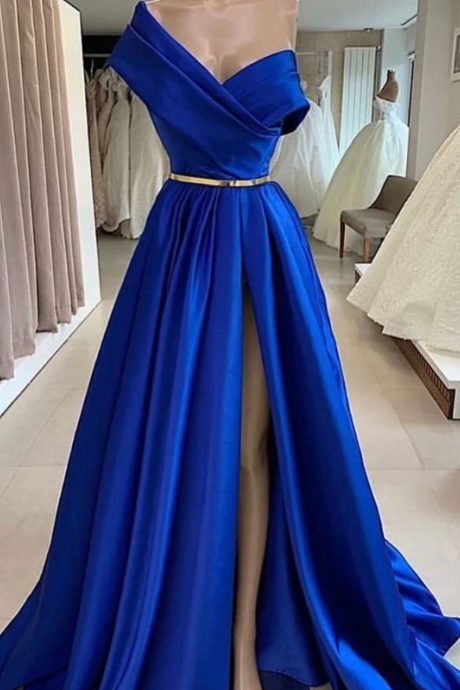 One Shoulder Royal Blue Satin Long Prom Dresses With Side Leg Slit , Royal Blue Long Formal Evening Dresses.pl3571