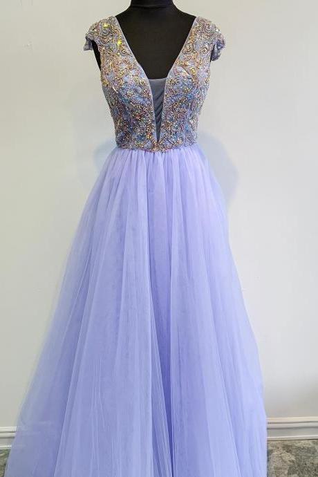 Handmade Beaded Lavender Tulle Long Prom Dress.pl3574