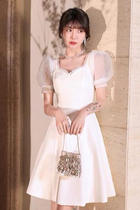 White Evening Dress, Style, Sweet Graduation Dress, Bubble Sleeves Midi Dress,custom Made,pl3608