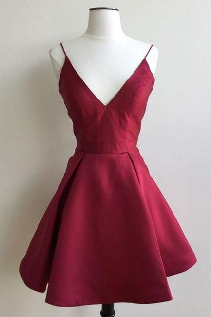 Simple V Neck Burgundy Short Prom Dress, Burgundy Homecoming Dress,pl3627