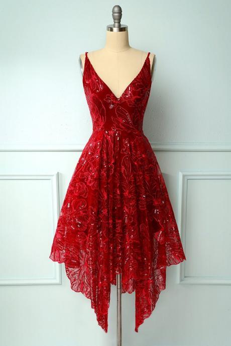 Burgundy V Neck Lace High Low Prom Dress Lace Formal Dress,pl3628