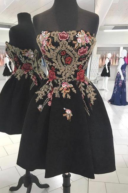 Black Lace Applique Short Prom Dress, Black Homecoming Dress,pl3646