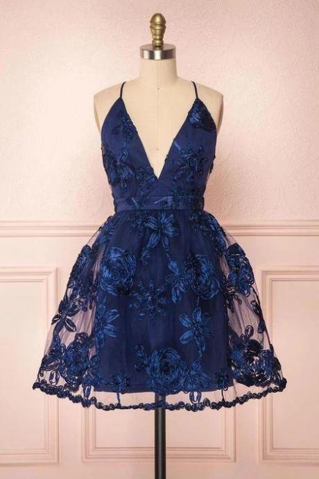 Navy Blue Party Dress, Sexy Short Homecoming Dress,pl3659