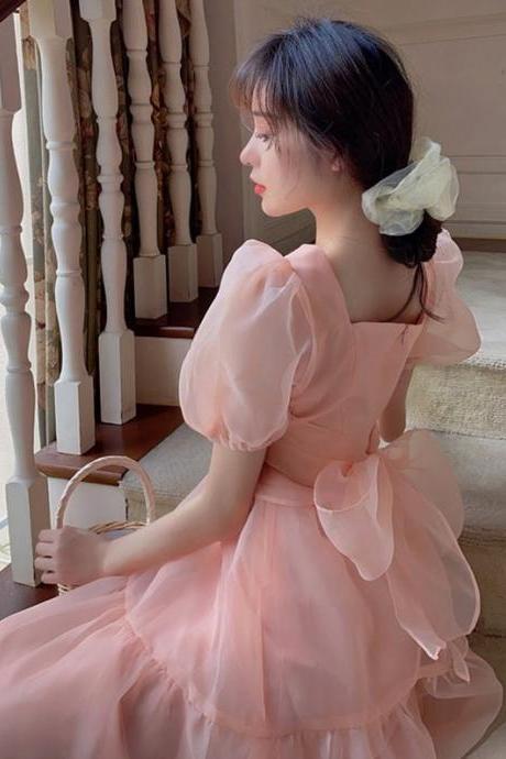 Bow Tie Tulle Dress Victorian French Vintage Fairy Nap Puffed Sleeve Dress,pl3664