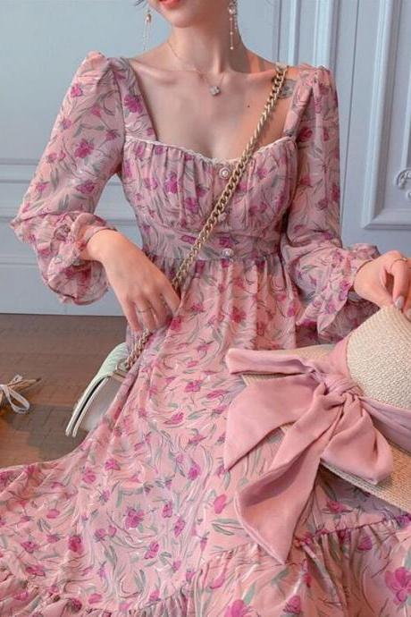 Victorian French Vintage Dress Rose Floral Dress Square Collar Lotus Sleeve Design Romantic Sweet Style Tighten Waist Pearl Buttons 4