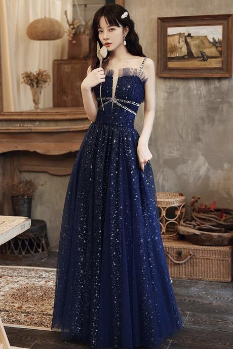 Blue Tulle Long A Line Prom Dress Blue Evening Dress,pl3719
