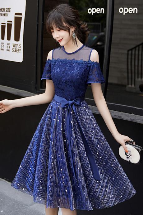 Blue lace short prom dress A line evening dress,PL3726