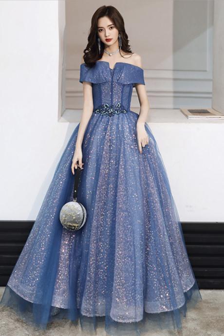 Blue Tulle Sequins Long Ball Gown Dress Formal Dress,pl3727