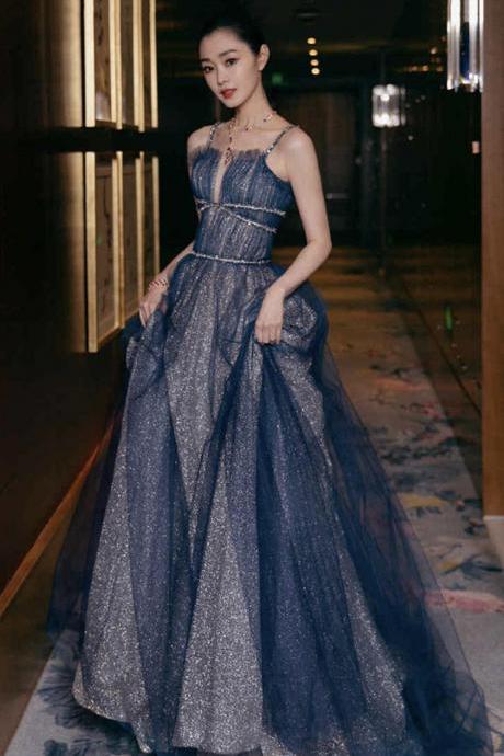 Shiny Tulle Long A Line Prom Dress Blue Evening Dress,pl3744
